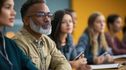 an adult education class in session, with a diverse group of adults of various ages learning togethe
