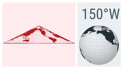 Poster - World Map Animation. Collignon equal-area pseudocylindrical projection. Solid color style. Animated world map in Collignon projection. Loopable animation showing longitude shift and matching globe.