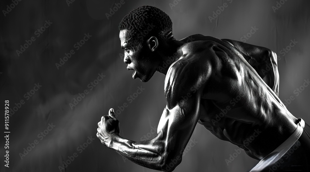 Dynamic Black and White Portrait of a Muscular Male Athlete in Full ...