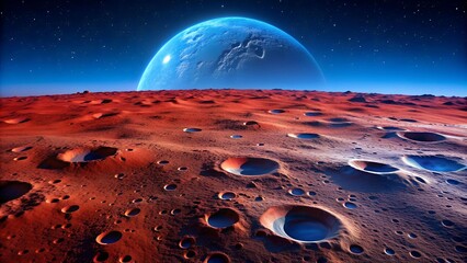 Wall Mural - Lunar Landscape in a Palette of Cobalt and Crimson  AI Generated