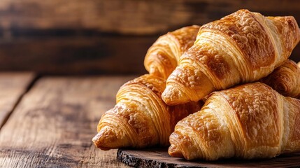 Croissants stacked on a rustic wooden table