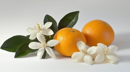 Wall Mural - Fresh ripe oranges with blossoms on white background