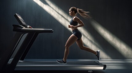 A woman running on a treadmill. Suitable for fitness and exercise concepts