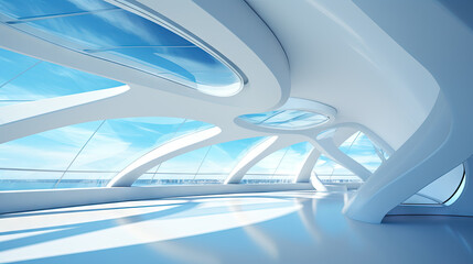 Poster - Abstract architecture scene with smooth curves. Abstract background with futuristic building in white and blue colors.