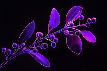 Wall Mural - Purple neon myrtle berry branch silhouette isolated on black background.