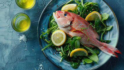 Wall Mural - Awesome Fish dish - fish fillet and vegetables, tuna fillet isolated on white background,