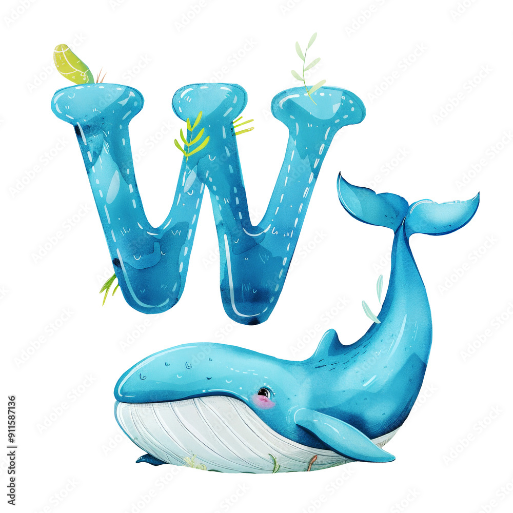 Alphabet letter W for cute whale on transparent png background. Clip ...