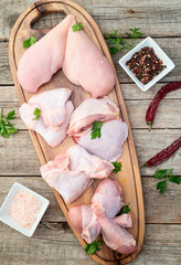 Poster - Raw mixed chicken meat parts  for cooking on rustic background