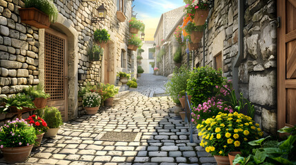 Wall Mural - Charming narrow alley in Mediterranean coastal town 