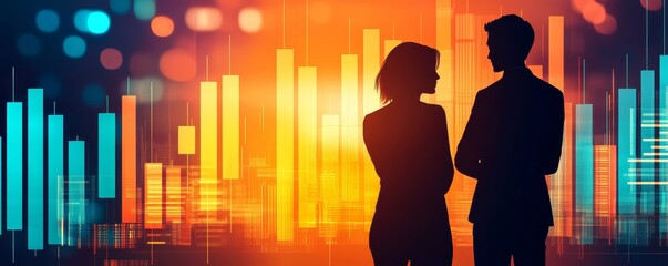 Silhouettes of a man and woman against a vibrant background, symbolizing partnership and business communication.
