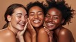 © inthasone - Skincare, beauty black women, friends, and face cream in a studio on a brown background. Group portrait, smile, and happy models apply facial lotion or cosmetics to moisturize healthy skin.