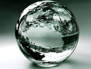 a glass ball that has a reflection of a tree in it