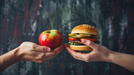 Unhealthy vs healthy food. Burger and apple in different hands. Choice between fast foods and vegetables, fruit.