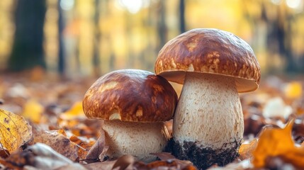 Sticker - Two Boletus Edulis Mushrooms in Autumn Forest