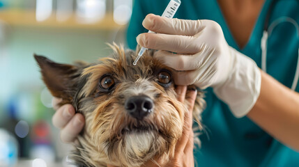 Wall Mural - Close up of a dog getting eye drops from the doctor at a pet hospital 