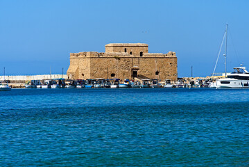 Poster - fishing boats and ruins of a medieval stone castle in the port of Paphos