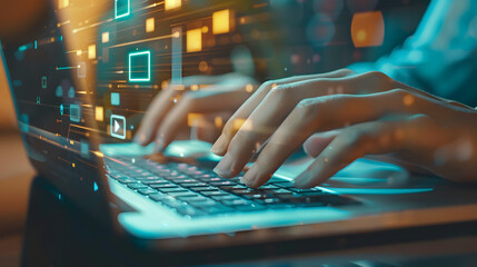 Wall Mural - Closeup of hands typing on a laptop keyboard. a digital video player window open with the play button glowing in the background 