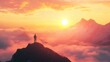 © Johannes - Silhouette of a person standing on a mountain with cinematic lighting during sunrise after hiking. Person standing on a mountain during sunrise