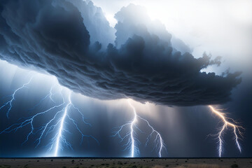 Wall Mural - an ai generated dark blue colored storm cloud with many bolts of lightning. the upper right portion 