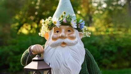 garden gnome statue with lantern and wreath of flowers on head