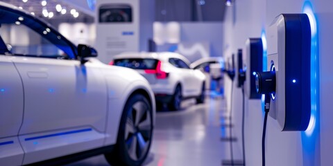 Wall Mural - Electric vehicles are charging at a modern EV station, highlighting sustainable and green transportation solutions. This showcases the future of clean energy and advanced mobility