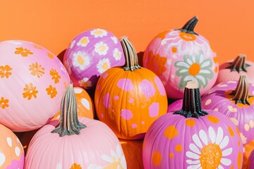 many pumpkins painted with orange pink and purple floral patterns, cute Halloween, orange background