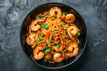 fry noodles with vegetables and shrimp in black bowl, top view