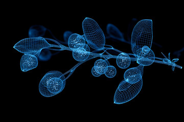 Wall Mural - Futuristic blue neon wireframe myrtle berry plant isolated on black background.