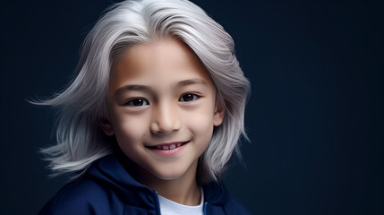 Portrait of a cute handsome happy Asian boy child blond with long white hair and perfect skin, dark blue background, banner.