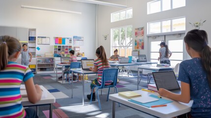 Aufkleber - In the modern classroom, students are engaged with laptops in a technologyrich environment, fostering learning and collaboration. The setting is bright and conducive to education