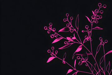 Wall Mural - Pink neon myrtle berry bush silhouette isolated on black background.