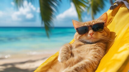 Wall Mural - a funny red cat in sunglasses lies, relaxes on a yellow hammock in tropical beach