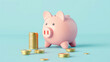 © Sunday Cat Studio - A cute pink piggy bank surrounded by shiny gold coins on a soft blue background, symbolizing savings and financial growth.