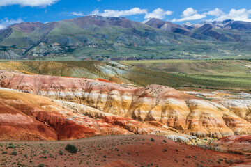 Fantastic mountain natural landscape with bright color transitions and blue clear sky in place named Mars 2, Altai Republic, Russia. Unearthly Martian landscapes