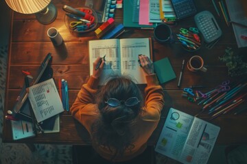 Aufkleber - A student is diligently studying late at night, surrounded by books, stationery, and a lamp. The scene conveys dedication and hard work towards academics, preparing for exams and gaining knowledge