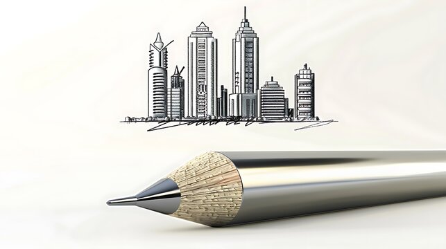 A sleek silver drafting pencil icon with a lead that sketches a modern metropolis at dusk
