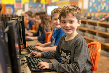 Poster - In a modern classroom, children enthusiastically acquire digital skills using computers. Education emphasizes teamwork, interactive learning, and digital literacy for techsavvy learners