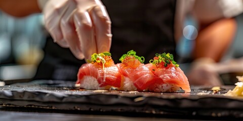 Canvas Print - Chef serving tuna nigiri sushi with a focus on Japanese style menu featuring maguro sushi