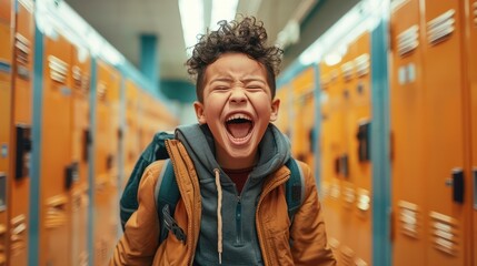 Portrait of an international student excited child in school hallway with lockers. Youth subculture gen generation z young self-expression confidence concept. Copy paste