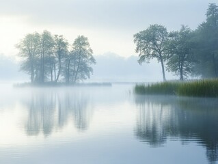 Wall Mural - Gentle morning mist envelops a tranquil lake, creating a perfect setting for contemplation and tranquility.