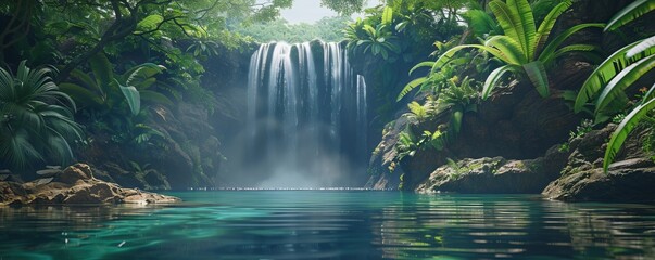 Wall Mural - Hidden Waterfall in Tropical Paradise, 4K hyperrealistic photo