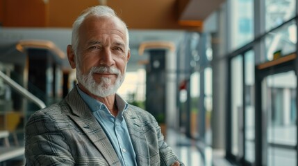 portrait of successful senior businessman consultant looking at camera and smiling inside modern office building