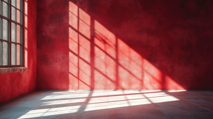 Aufkleber - Sunlight casting geometric shadows on a red wall in an empty room