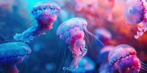 Wall Mural - Jellyfish in shades of blue and pink swimming in the aquarium