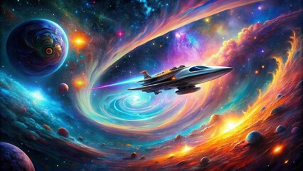 Cosmic Voyage Spaceship Through Nebula, Digital Painting, Spaceship in space, Nebula, Planets, Stars, Galaxy