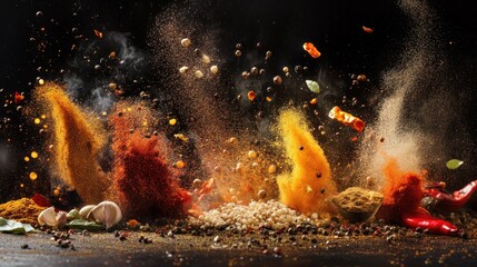 spices exploding in the air on a dark background.capturing dynamic motion and energetic spirit of culinary art