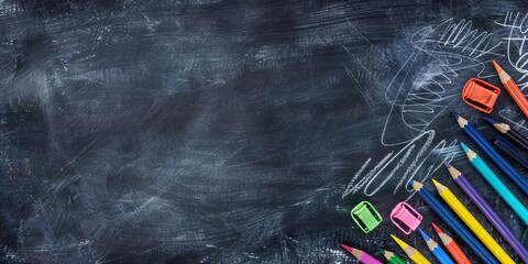 Poster - An illustration showcases a chalkboard and colorful pencils with erasers, ideal for a backtoschool theme. Helpful for educational materials, classroom adornment, and student equipment