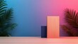 © weerasak - A modern scene featuring wooden blocks against a colorful background with lush foliage, perfect for artistic displays or product showcases.