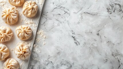 Georgian cuisine s traditional set of Khinkali dumplings on white stone viewed from the top with space for text