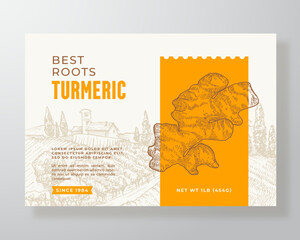 Wall Mural - turmeric plant root curry food label template. abstract vector packaging design layout. modern typog
